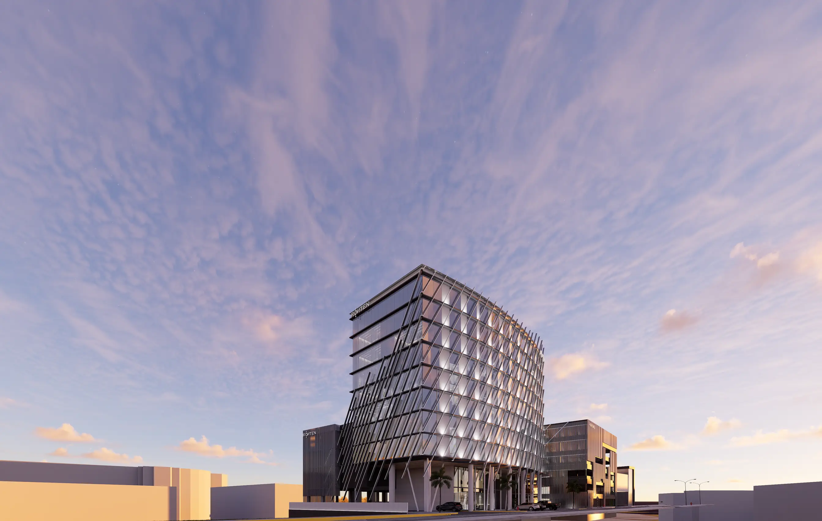 Render de Rönten Medical Torre B al atardecer